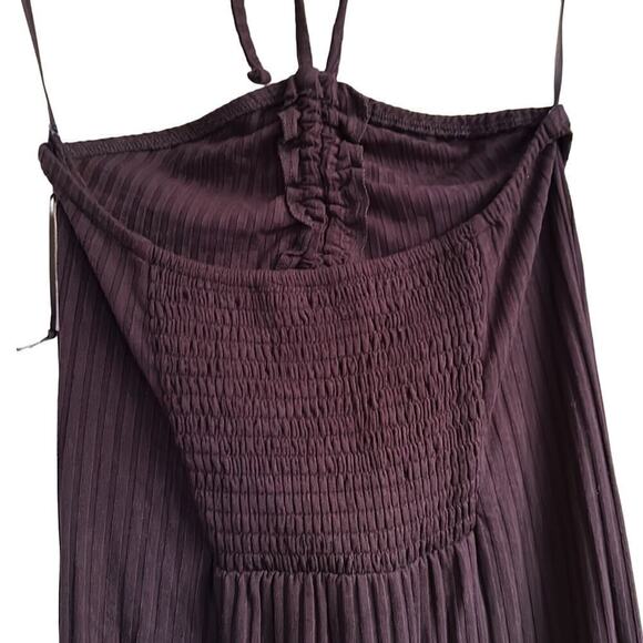 1. State Women’s Ribbed High Slit Halter Neckline Smocked Back Maxi Sz S Navy - Picture 5 of 8